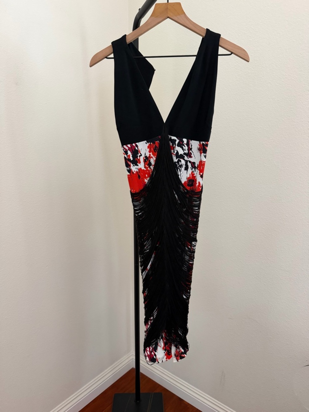 Roberto Cavalli Black and draped Red Fringe-Overlay V-Neck Dress - Picture 4 of 8